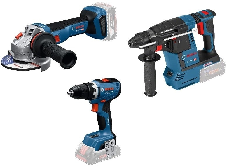 Coffret d'outils sans fil Bosch Blue 0615A500AJ (3 outils) : 18 V GSR 18V-65, GBH 18V-26, GWS 18V-11, 1 batterie 5 Ah et 1 batterie EXBA 18 V 5,5 Ah avec chargeur, 1 outil GAL 12 V/18 V-80 inclus dans une sacoche.