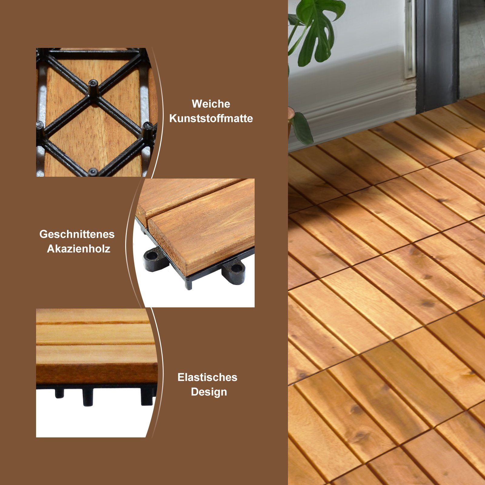 COSTWAY Holzfliesen, 27St. Klickfliesen, aus Akazienholz, 30 x 30 x 2,4 cm