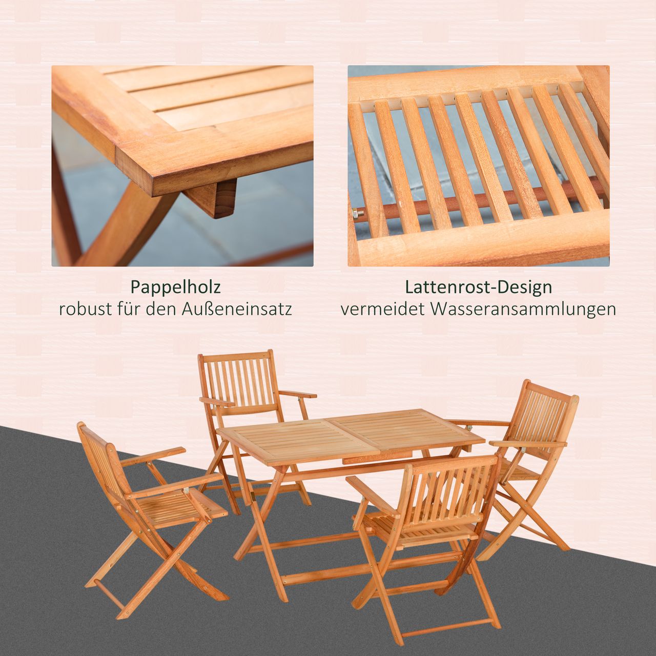 Outsunny Sitzgruppe klappbar 5tlg. Outdoor Essgruppe Balkonmöbel wetterfest Gartenmöbel-Set Sitzgarnitur Pappelholz Natur