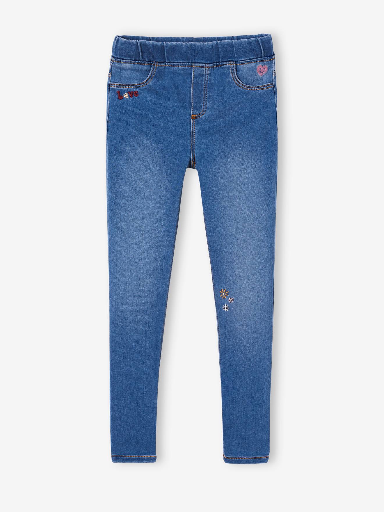 Tregging brodé en molleton effet denim fille denim gris