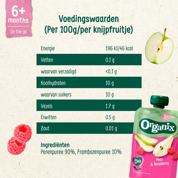 Organix Luomu Päärynä & Vadelma 6 M Vadelma 100g