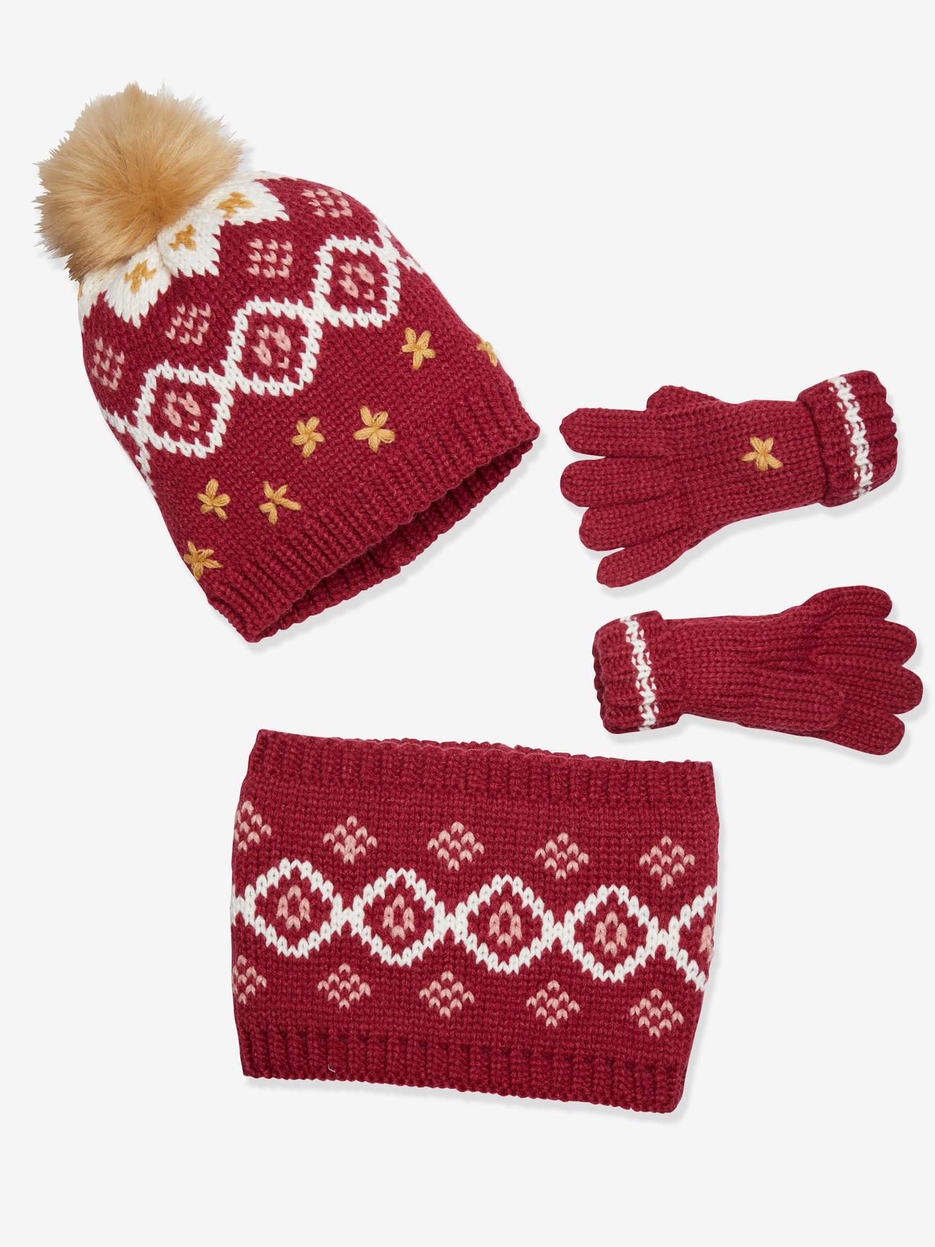 Vertbaudet Mädchen-Set aus Jacquardstrick: Mütze, Schal & Handschuhe - himbeere