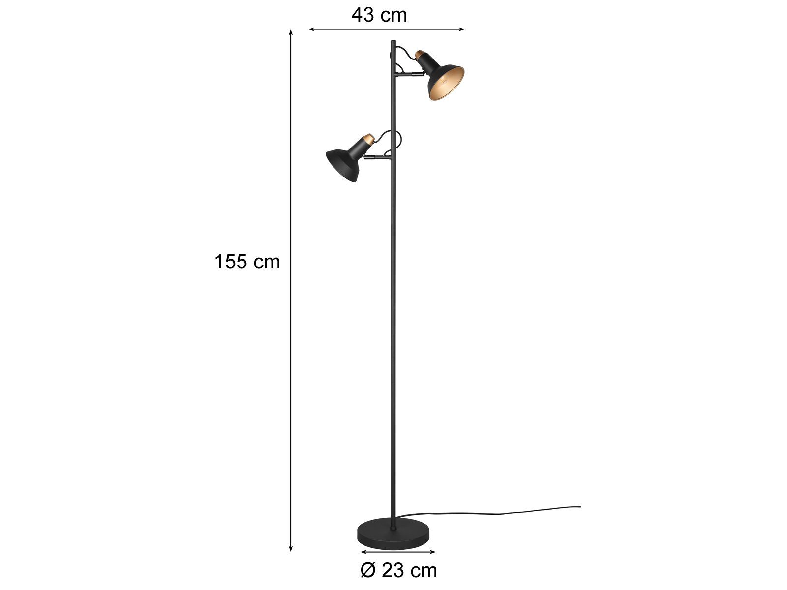 meineWunschleuchte LED Stehlampe, Dimmfunktion, LED wechselbar, Warmweiß, Industrial Design-er Lese-lampe für Ecke 2 Spots dimmbar Schwarz Gold