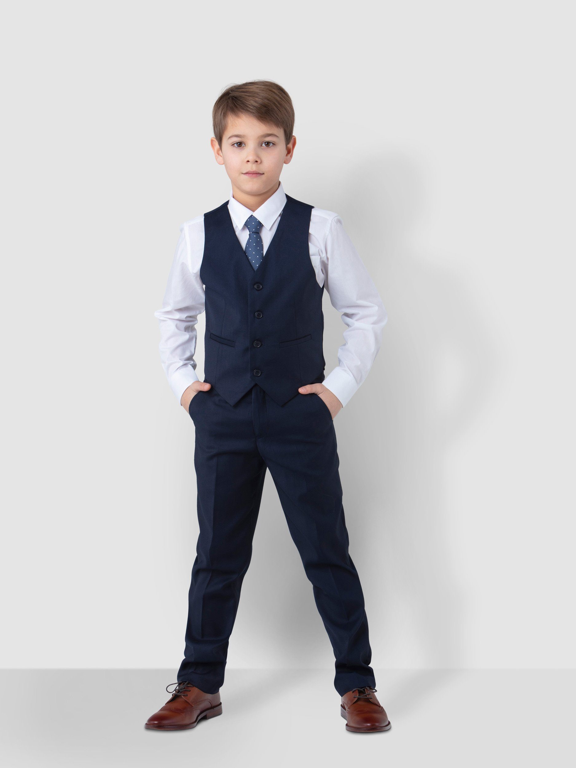 Melli-Trends Kinderanzug Luxuriöser Jungen Anzug, Kommunionanzug, 6-teilig, in Dunkelblau (Sakko, Weste, Hemd, Hose, Krawatte und Einstecktuch) festlich, elegant