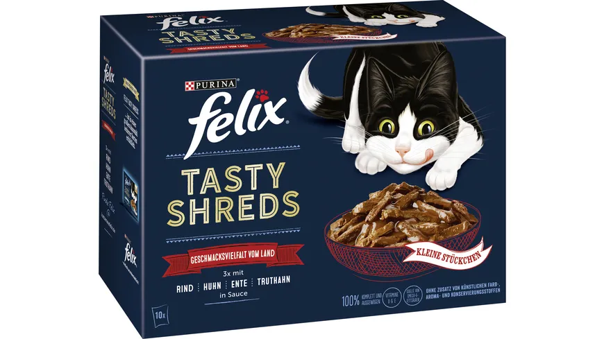 PURINA FELIX Tasty Shreds Geschmacksvielfalt vom Land Katzennassfutter 10x80g Portionsbeutel 800 g