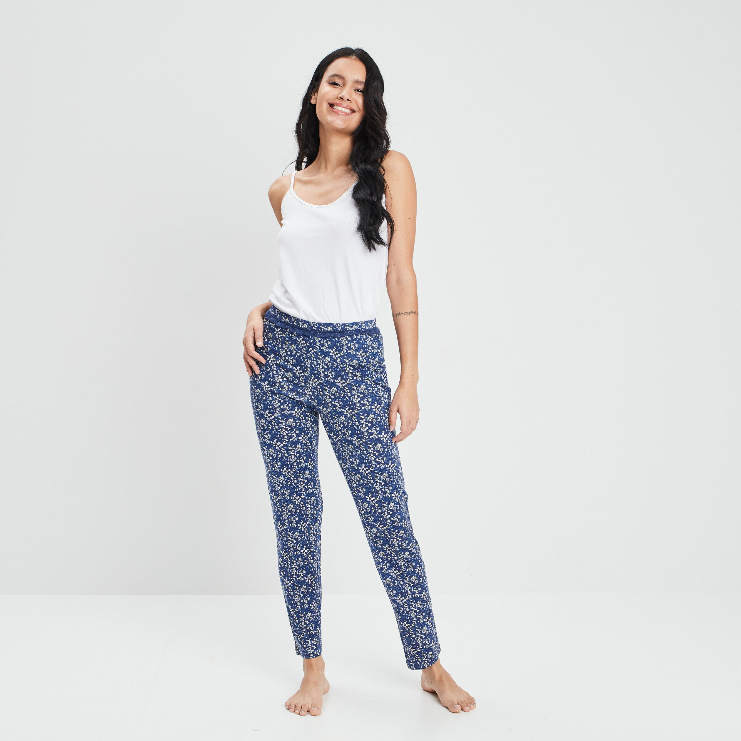 Pantalon pyjama liseré dentelle bleu marine femme | La Halle