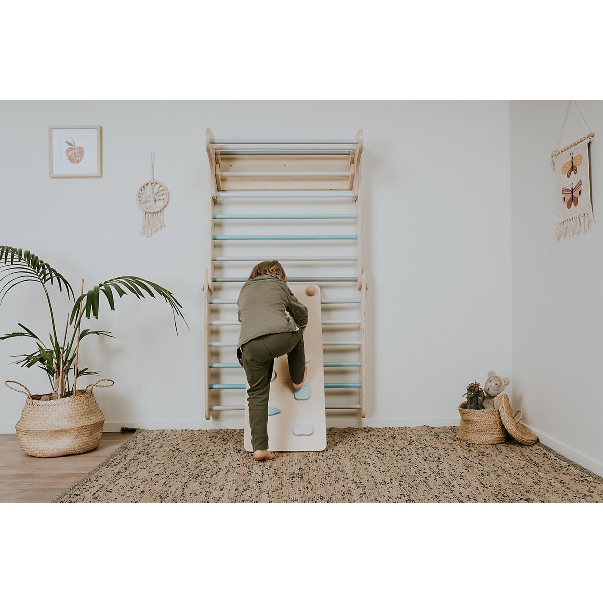 Klettergerüst Sprossenwand mit Rampe und Rutsche Indoor, Kletterdreieck Sprossenwand aus Holz, Klettern Innnen Kleinkind
