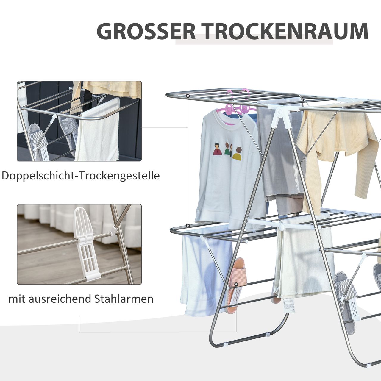 HOMCOM Wäscheständer faltbar 3-stufiger Flügelwäschetrockner Trockengestell Trockenständer Edelstahl Kunststoff Silber Weiß 138 x 60,5 x 112 cm