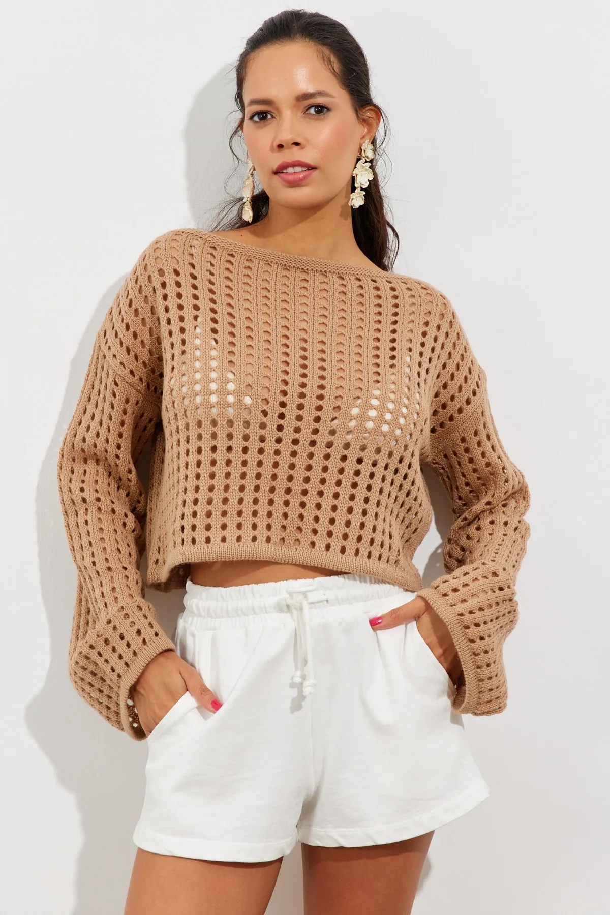 Cool & Sexy  Damen-Kurzbluse aus durchbrochenem Strick mit spanischen Ärmeln in Kamelblau, SMT181