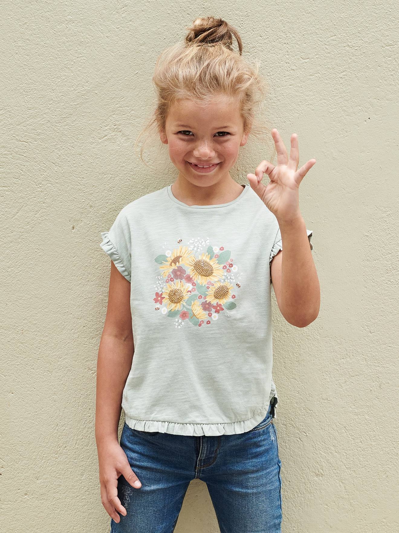 Tee-shirt volanté motif à sequins fille vieux rose