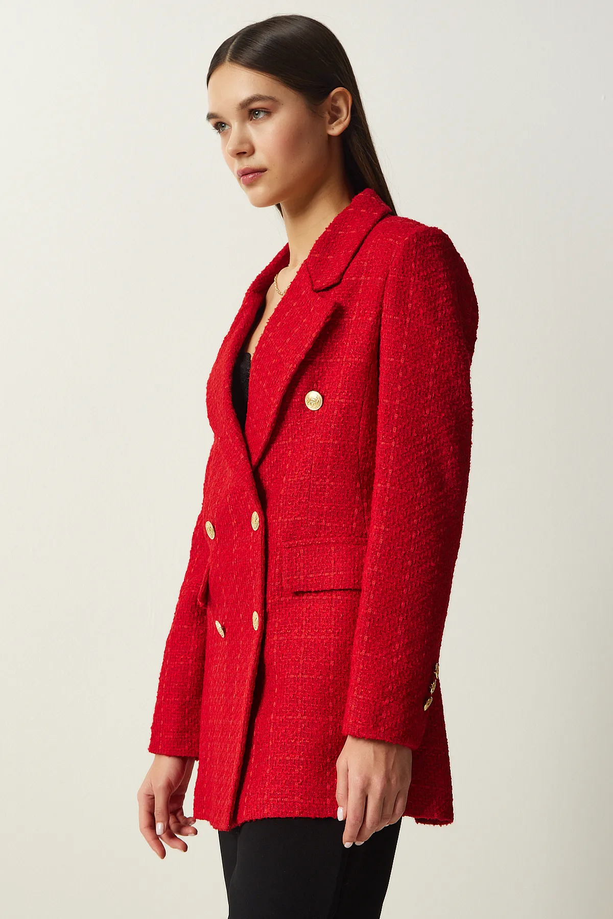 Happiness İstanbul  Damen-Blazer mit roten Knöpfen und Tweed-Jacke WF00004