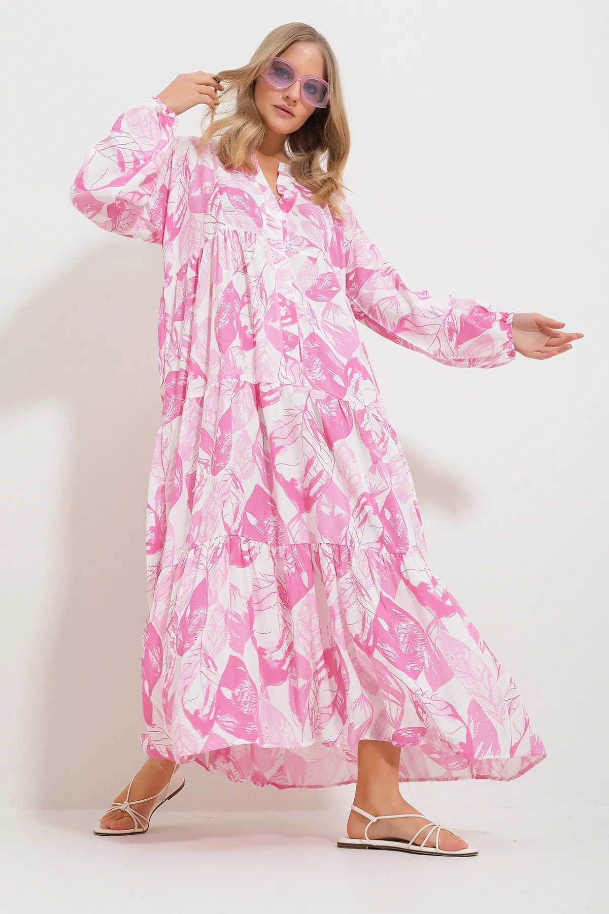 Trend Alaçatı Stili  Rosa Maxikleid mit Schalkragen und Muster für Damen Alc-X11593