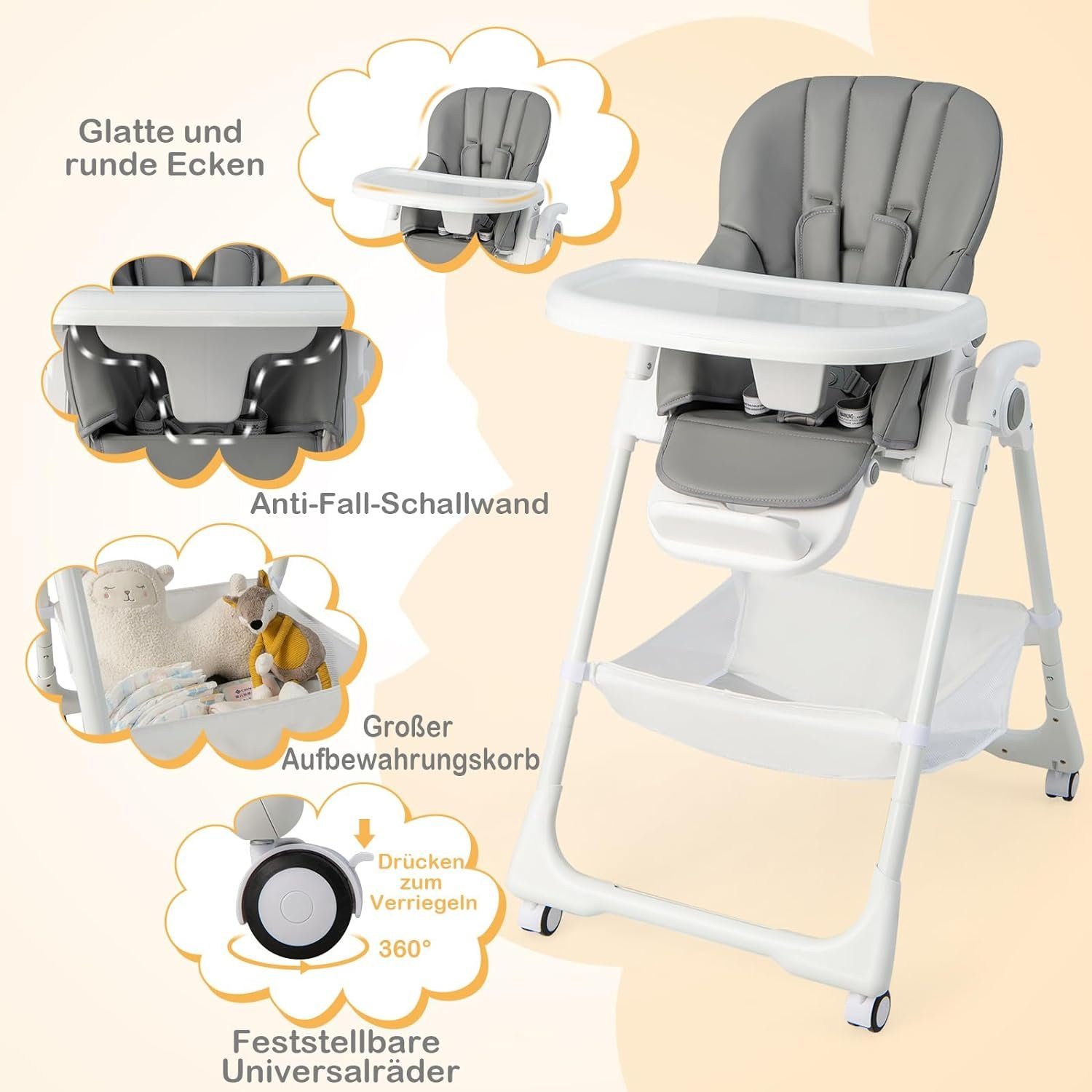 KOMFOTTEU Hochstuhl Baby, höhenverstellbarer Kinderhochstuhl, für Baby 6-36 Monate