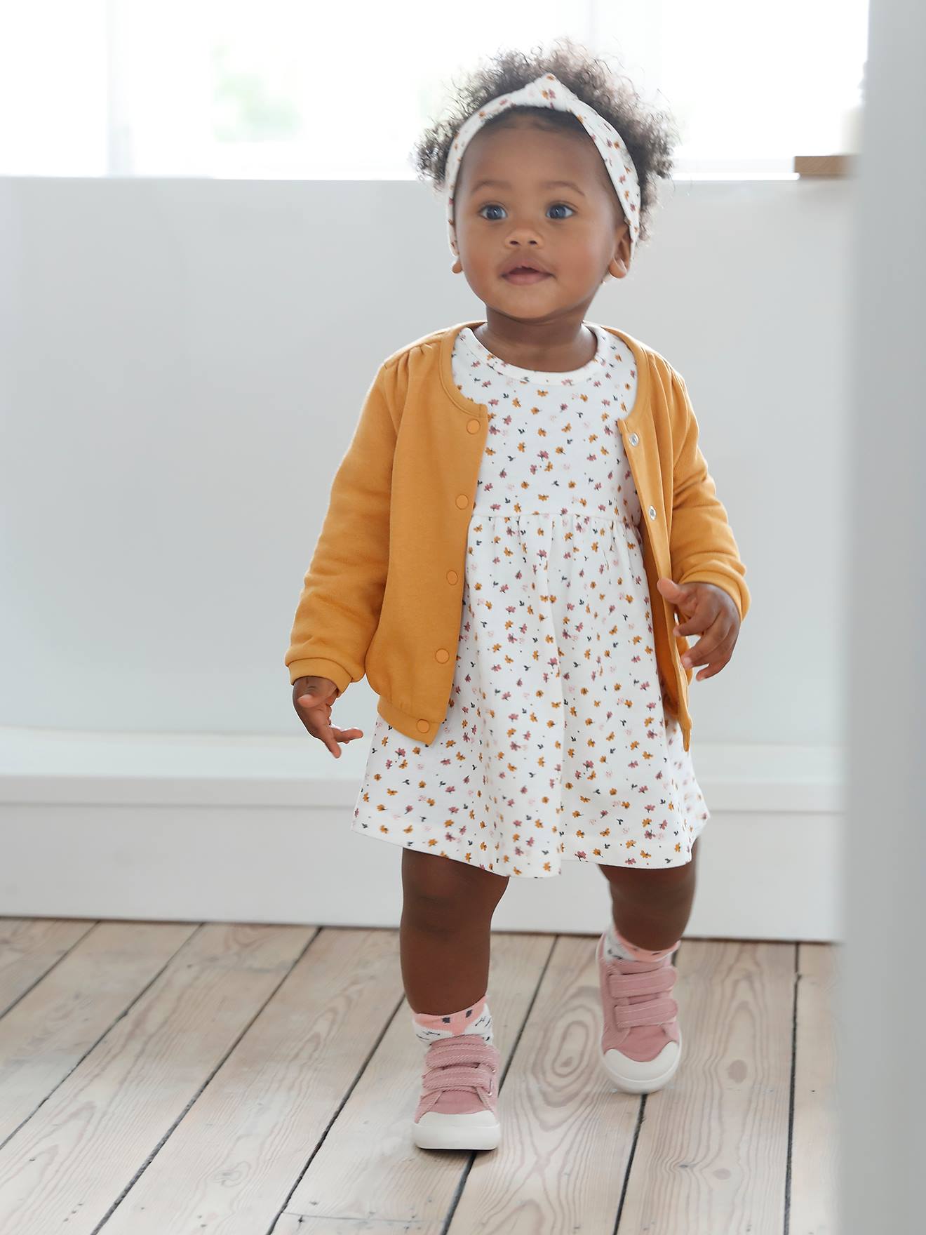 Ensemble 3 pièce robe + cardigan + bandeau bébé fille vieux rose