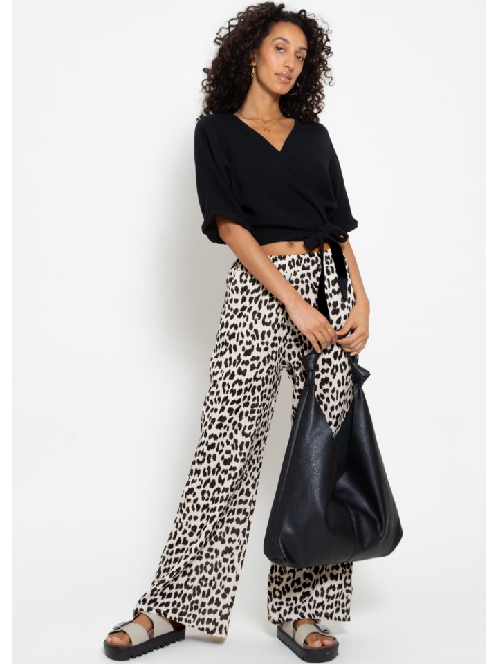 SASSYCLASSY Musselin Pants mit weitem Bein in Leo-Print in hellbeige I schwarz günstig kaufen