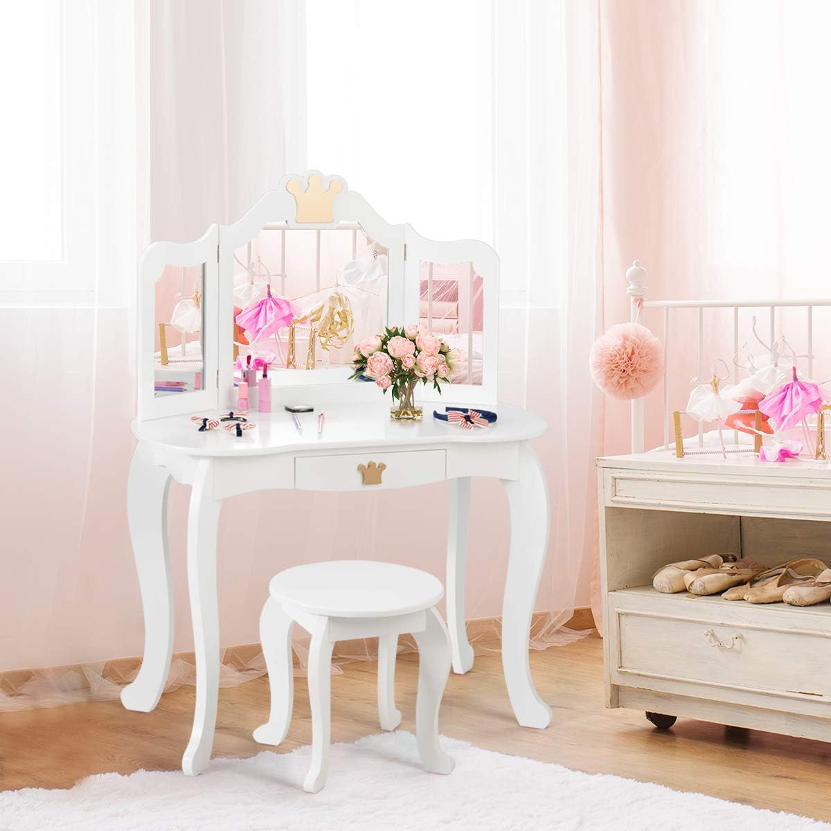 Costway COSTWAY Kinder Schminktisch mit Hocker und Abnehmbarer Spiegel