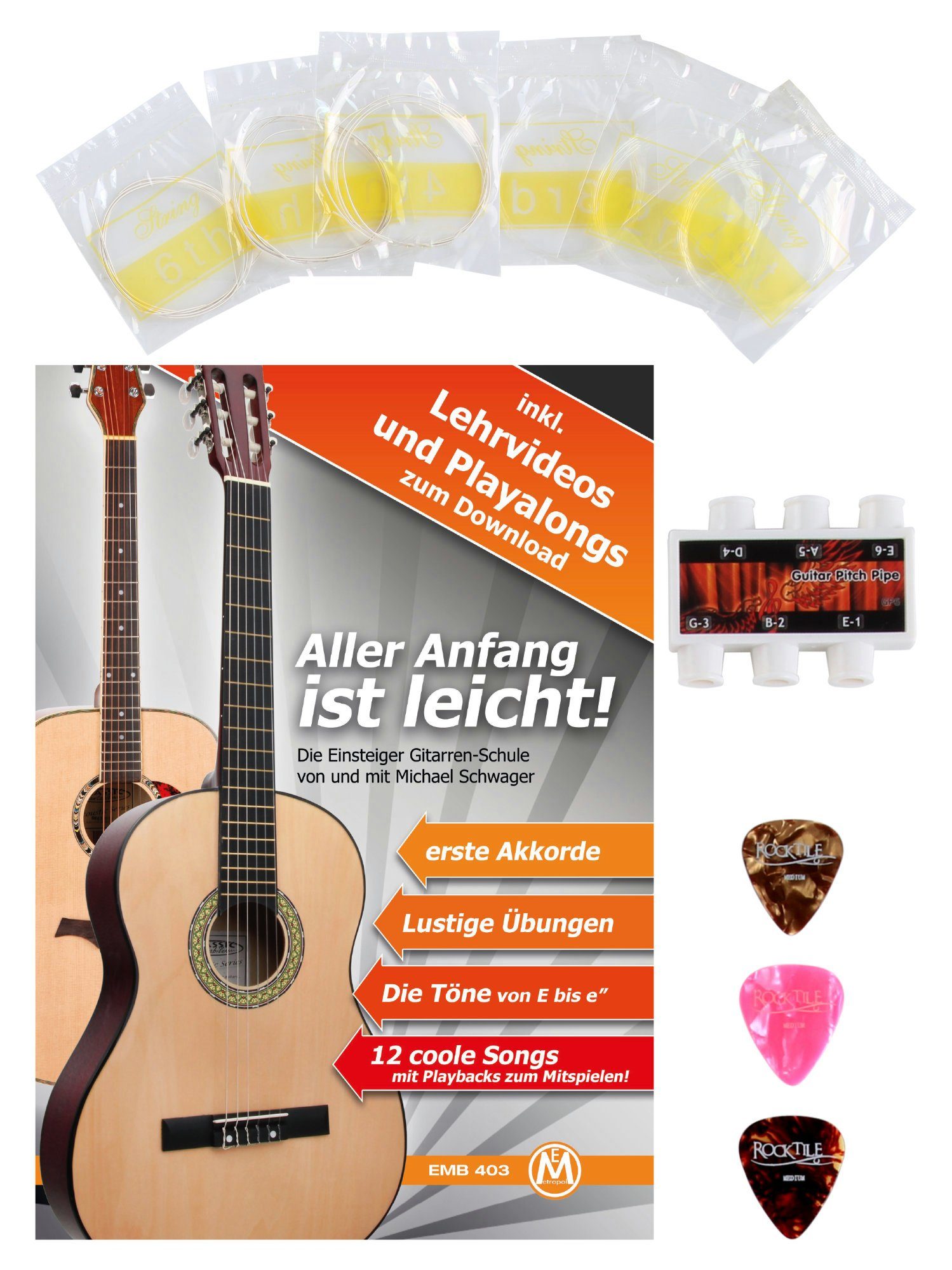 Classic Cantabile Konzertgitarre AS-851 Starter Set, 4/4, mit Gitarre, Tasche, Nylonsaiten, Schule, 3x Plektren und Stimmpfeife