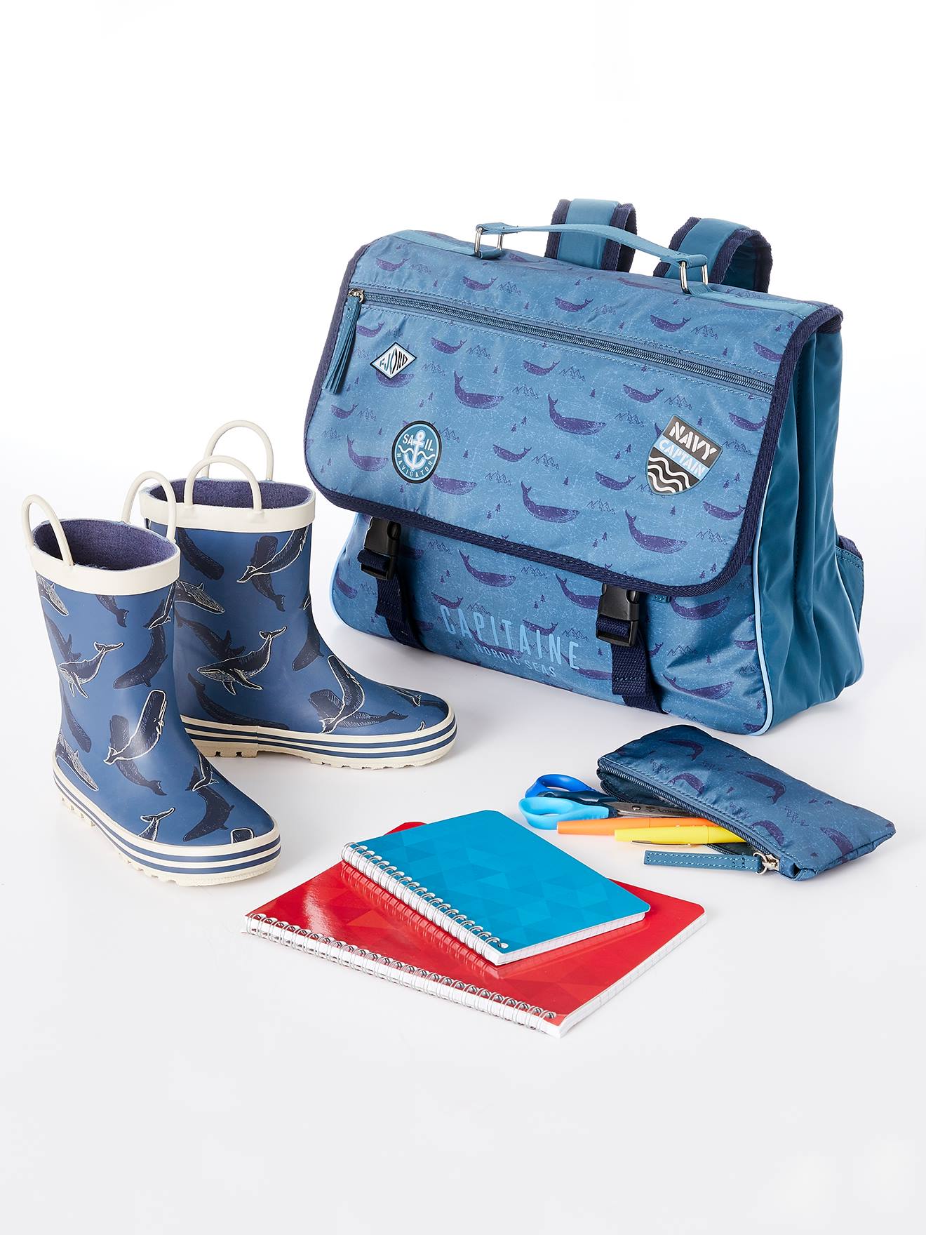 Vertbaudet Jungen Schultasche mit Federmappe KAPITÄN - dunkelblau bedruckt