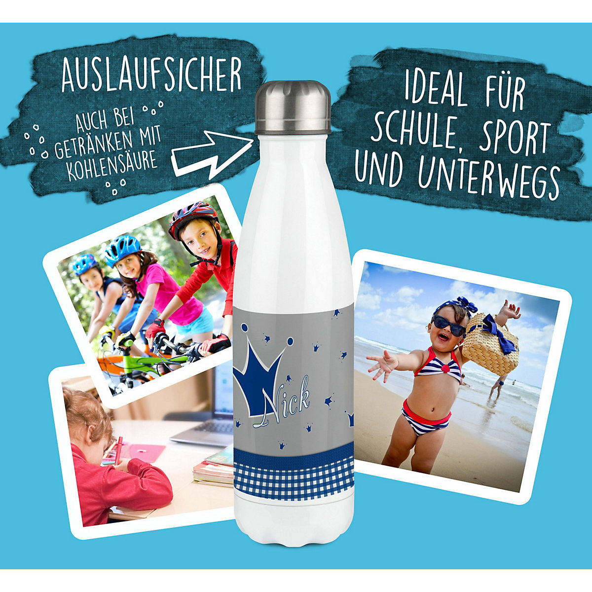 Edelstahl Kinder Thermoflasche / Trinkflasche bunt Krone Farbe blau grau Spülmaschinenfest, Auslaufsicher, Bruchfest, Doppelwandig, Für Heißgetränke geeignet, Mit Deckel, Isoliert