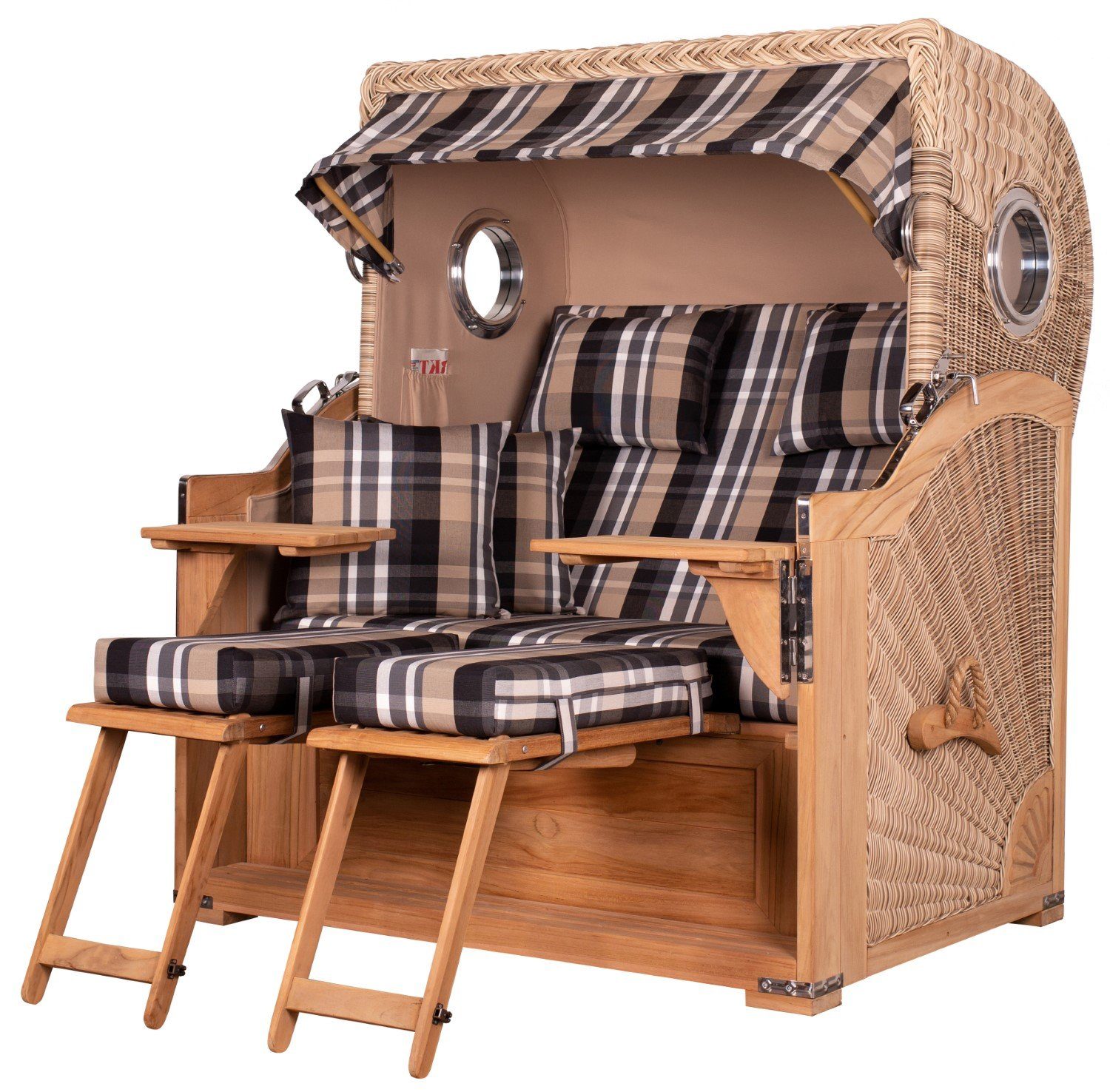 bene living Strandkorb Königssee 2,5-Sitzer Teak - PE shell - Modell 583, BxTxH: 142x95x170 cm, Volllieger ca. 175 Grad, Ostsee-Strandkorb Komplettset, inkl. Liftersystem und Bullaugen