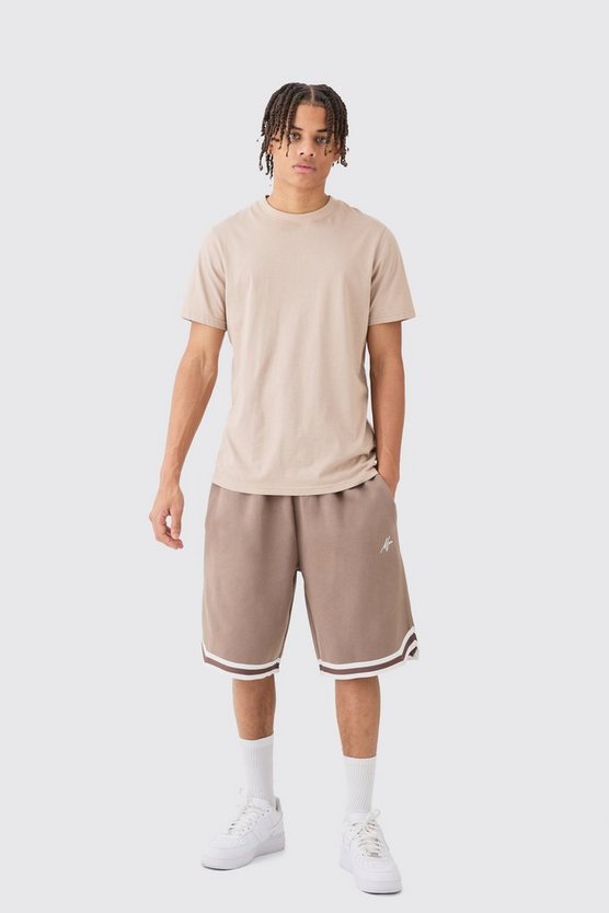 Mittellange Oversize Man Signature Basketball-Shorts mit Streifen