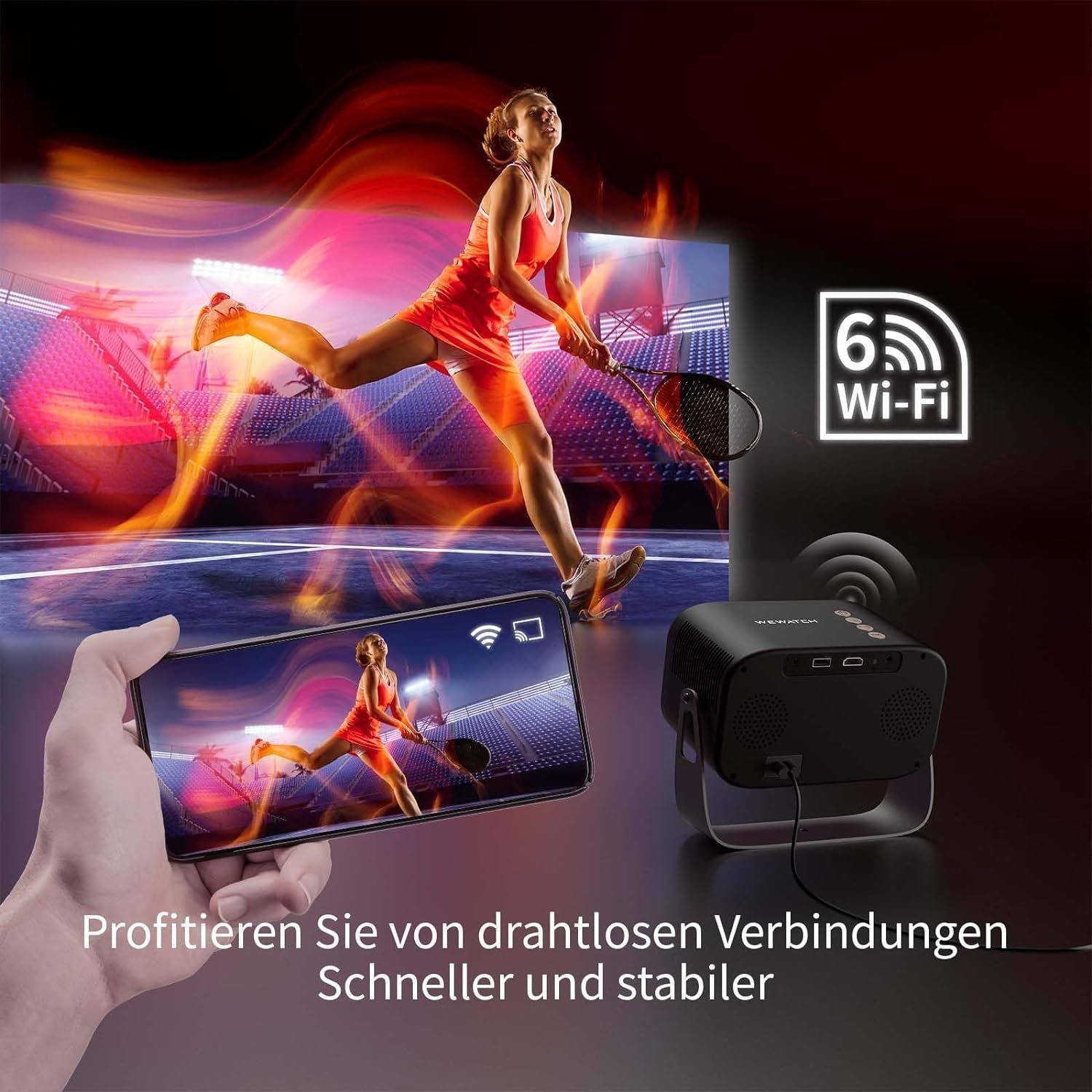 WEWATCH V11 Mini Elektrischer Fokus/Trapezkorrektur 45°±360° Rotating Portabler Projektor (14000 lm, 1920 x 1080 px, Full HD WiFi6 Bluetooth Projektor 300''Display mitiOS/Android/TV Stick)