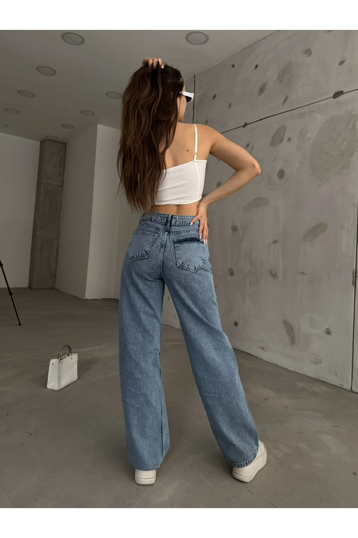BİKELİFE  Hellblaue Snow-Wash-Jeans für Damen mit hoher Taille, dehnbarem Lycra und weitem Bein