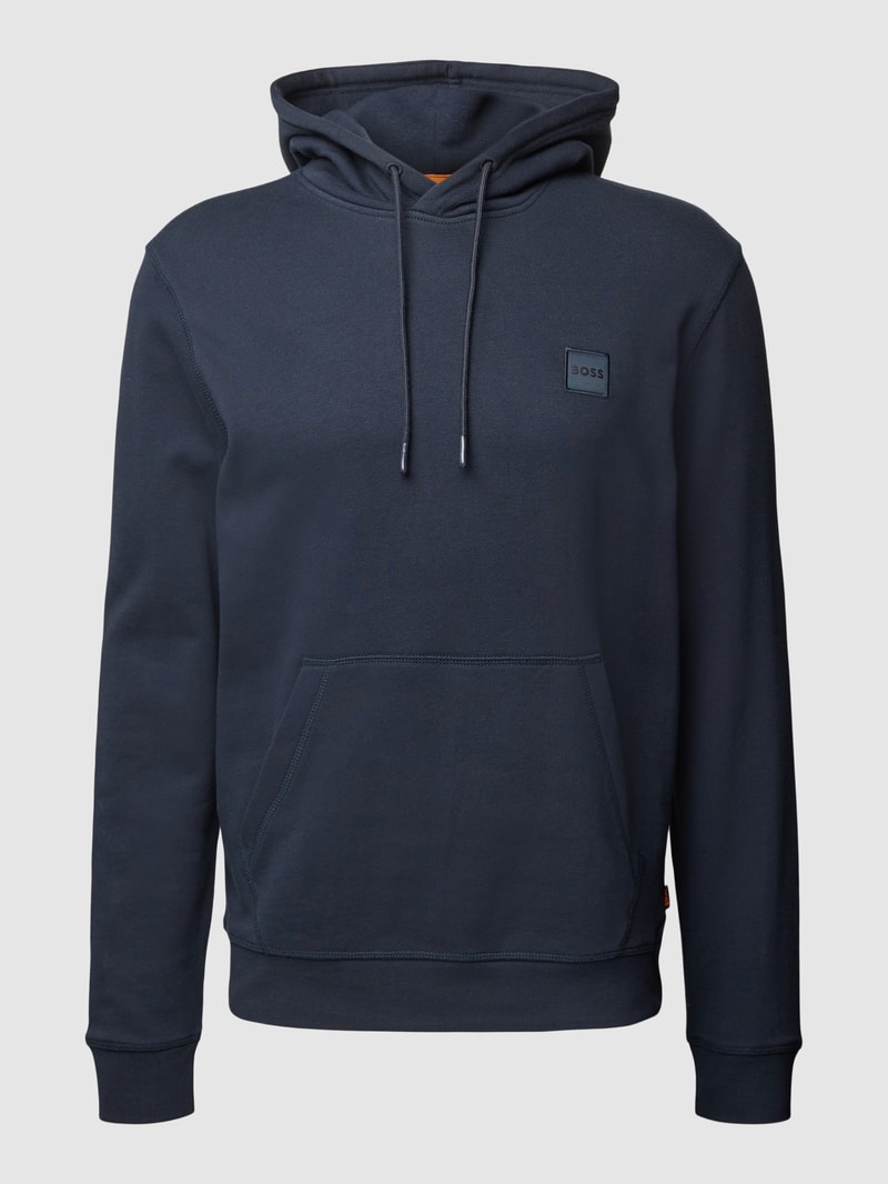 Hoodie mit Label-Detail und Känguru-Tasche Modell 'WETALK' in dunkelblau