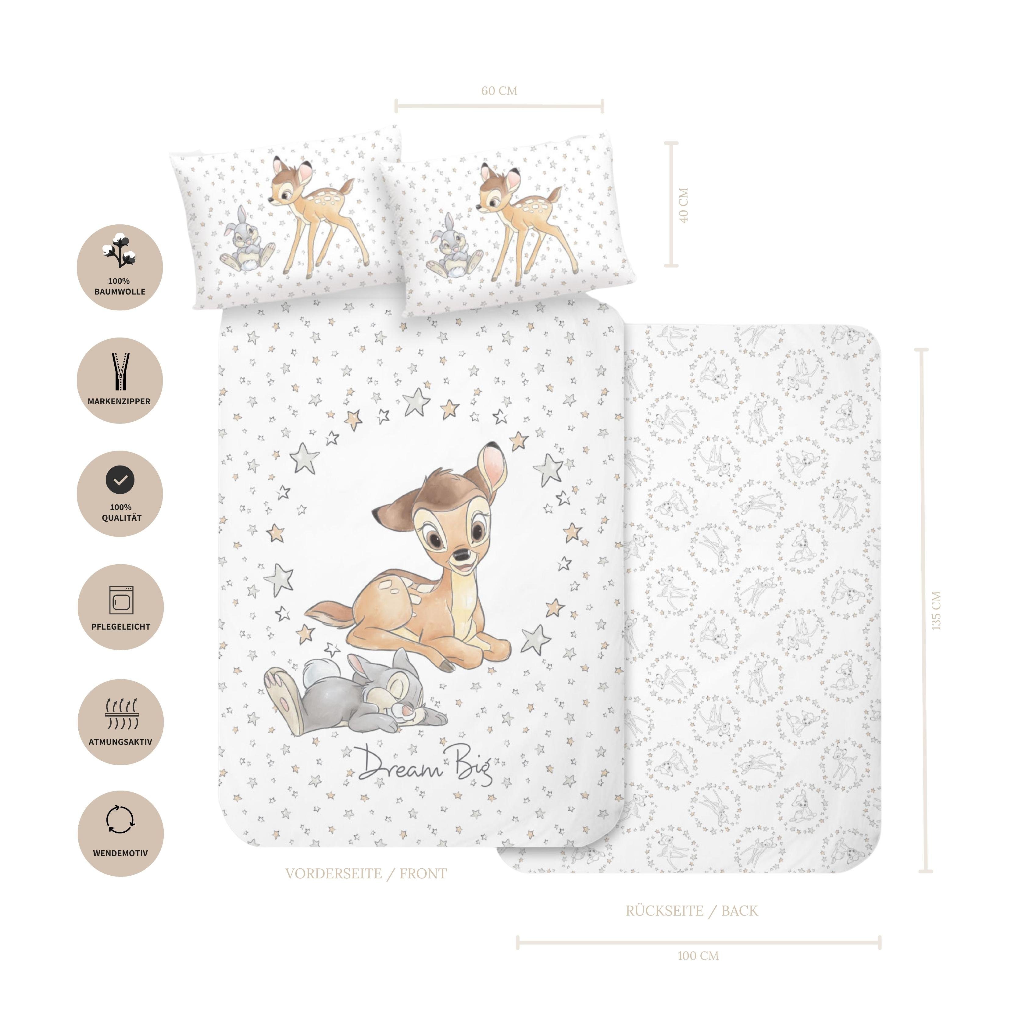 Babybettwäsche Bambi und Klopfer 100x135 + 40x60 cm, 100 % Baumwolle, MTOnlinehandel, Flanell / Biber, 2 teilig, 's Rehkitz und Hase für Mädchen und Jungen