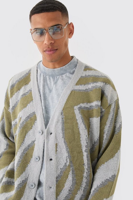 Kastiger Oversize Jacquard-Cardigan mit abstraktem Print