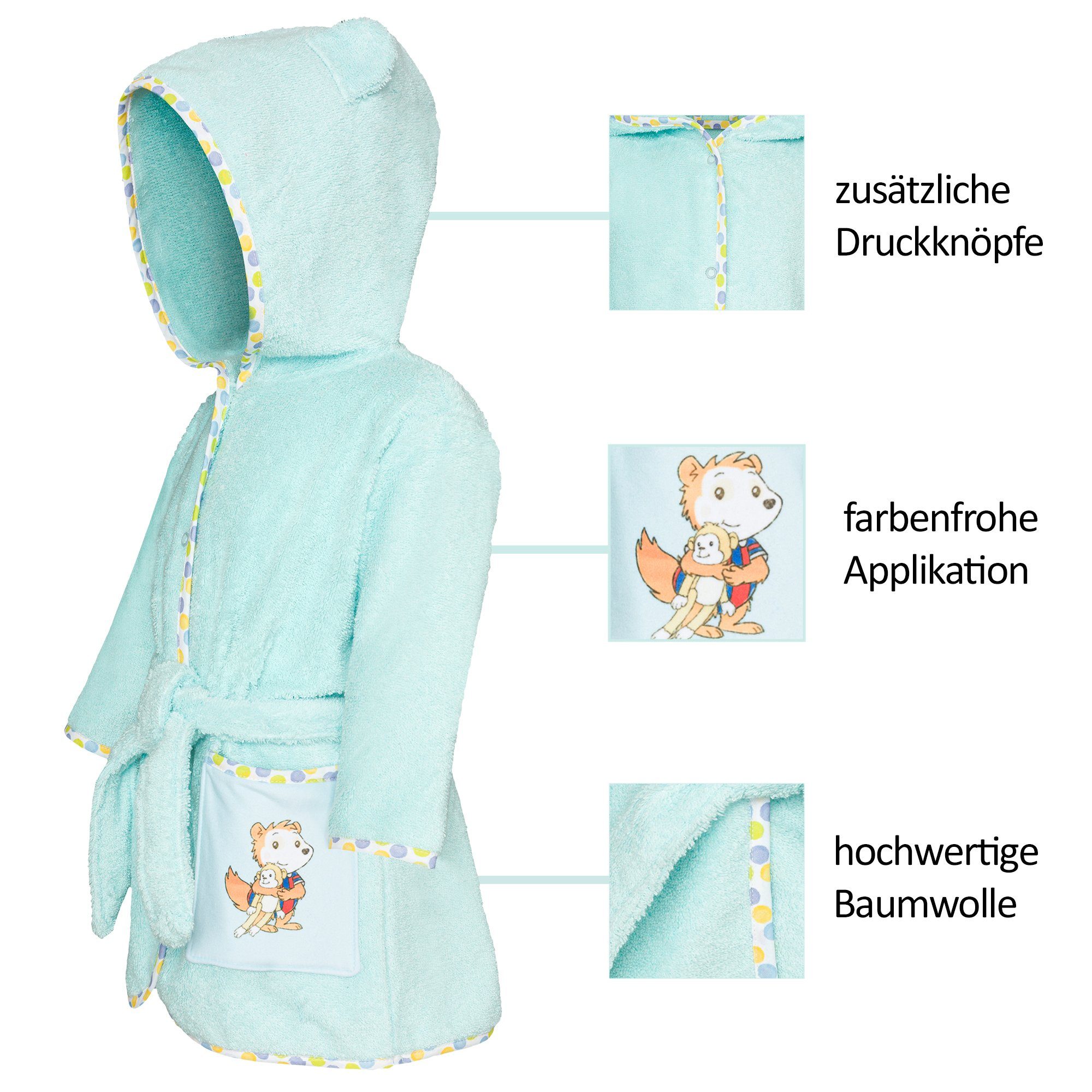 Smithy Kinderbademantel mit Bobo Siebenschläfer, Velours-Frottee, Kapuze, Gürtel, Knöpfe, made in Europe