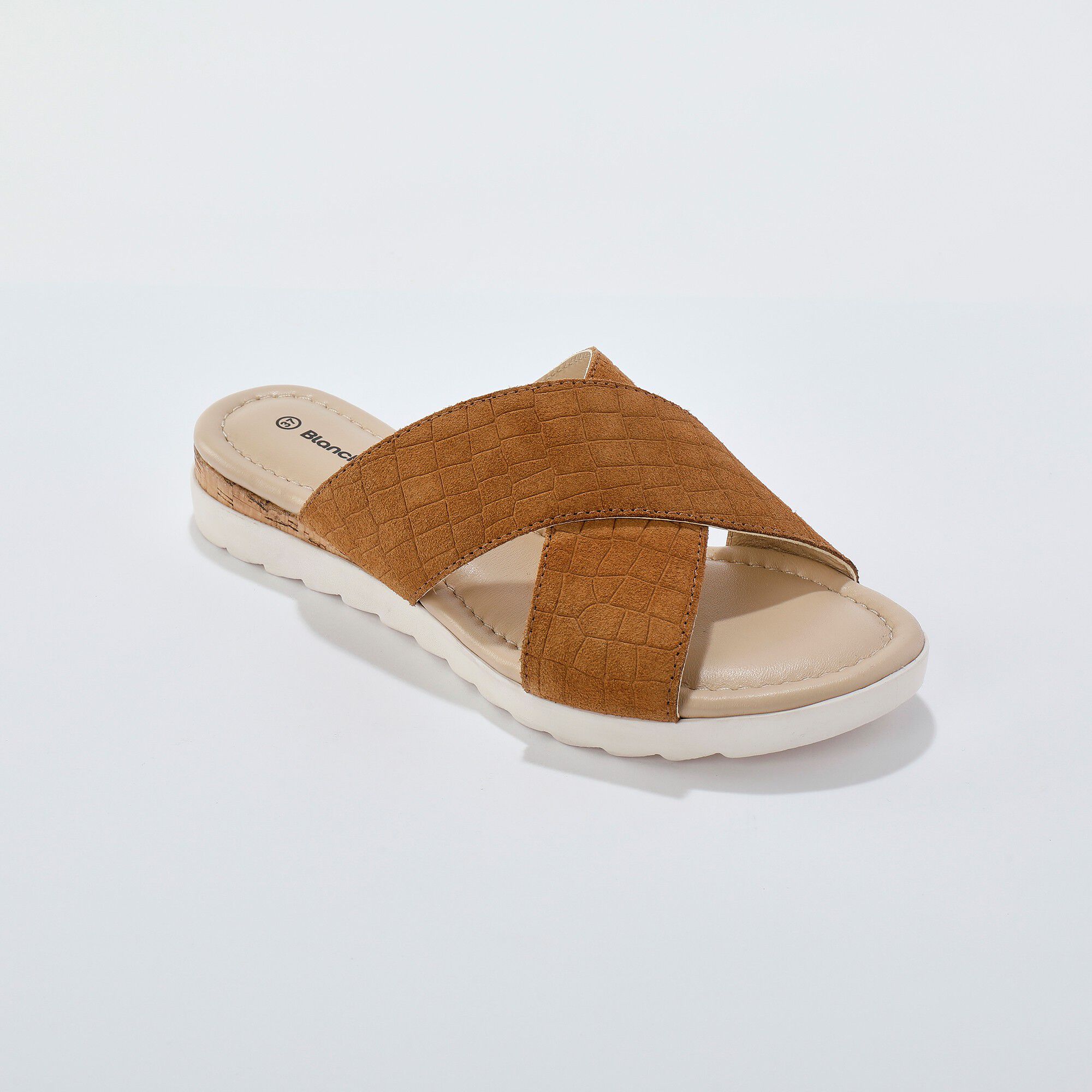 Mules compensées cuir effet croco avec liège fantaisie