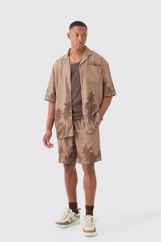 Kastiges Oversize Hemd mit Palmen-Saum & Shorts
