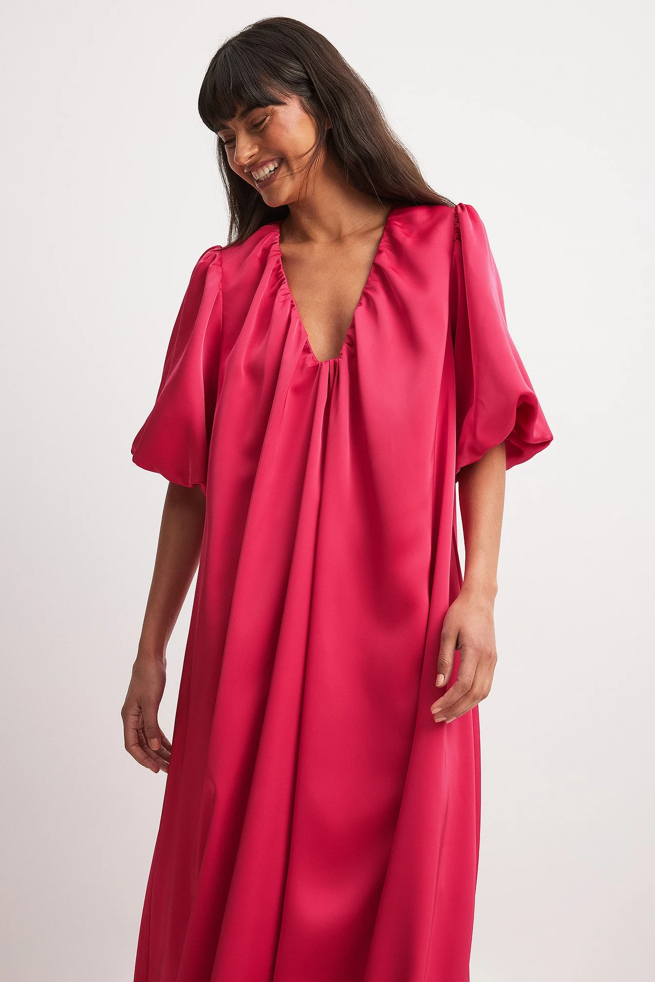 Deep Neck Puff Sleeve Satin Maxi Dress