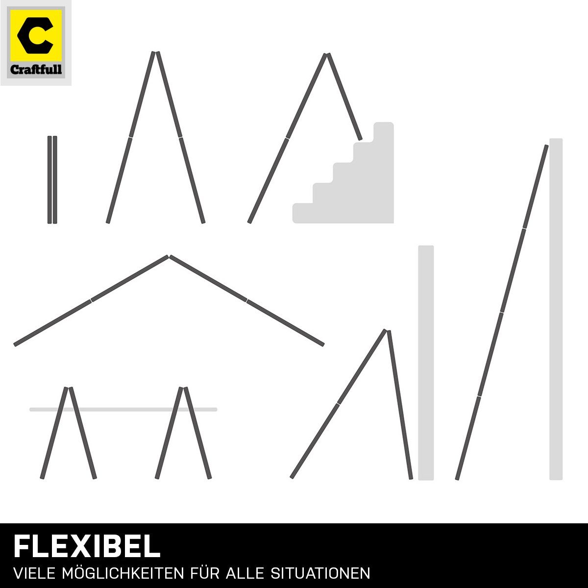 Craftfull Teleskopleiter 4in1 Treppenleiter CF-105A - 3 Jahre Garantie - 6,25 m - Aluminium (Black-Edition - 150 kg Traglast - Mehrzweckleiter Alu Stehleiter bis 150 kg - Anlegeleiter - Trittleiter - Wandleiter - Arbeitsbühne - Haushaltsleiter - Ausz