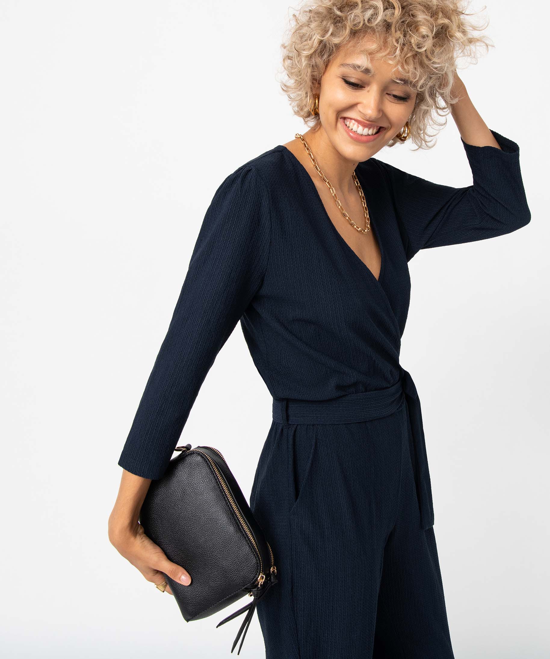Besace femme petit format à grandes poches zippées noir | GEMO