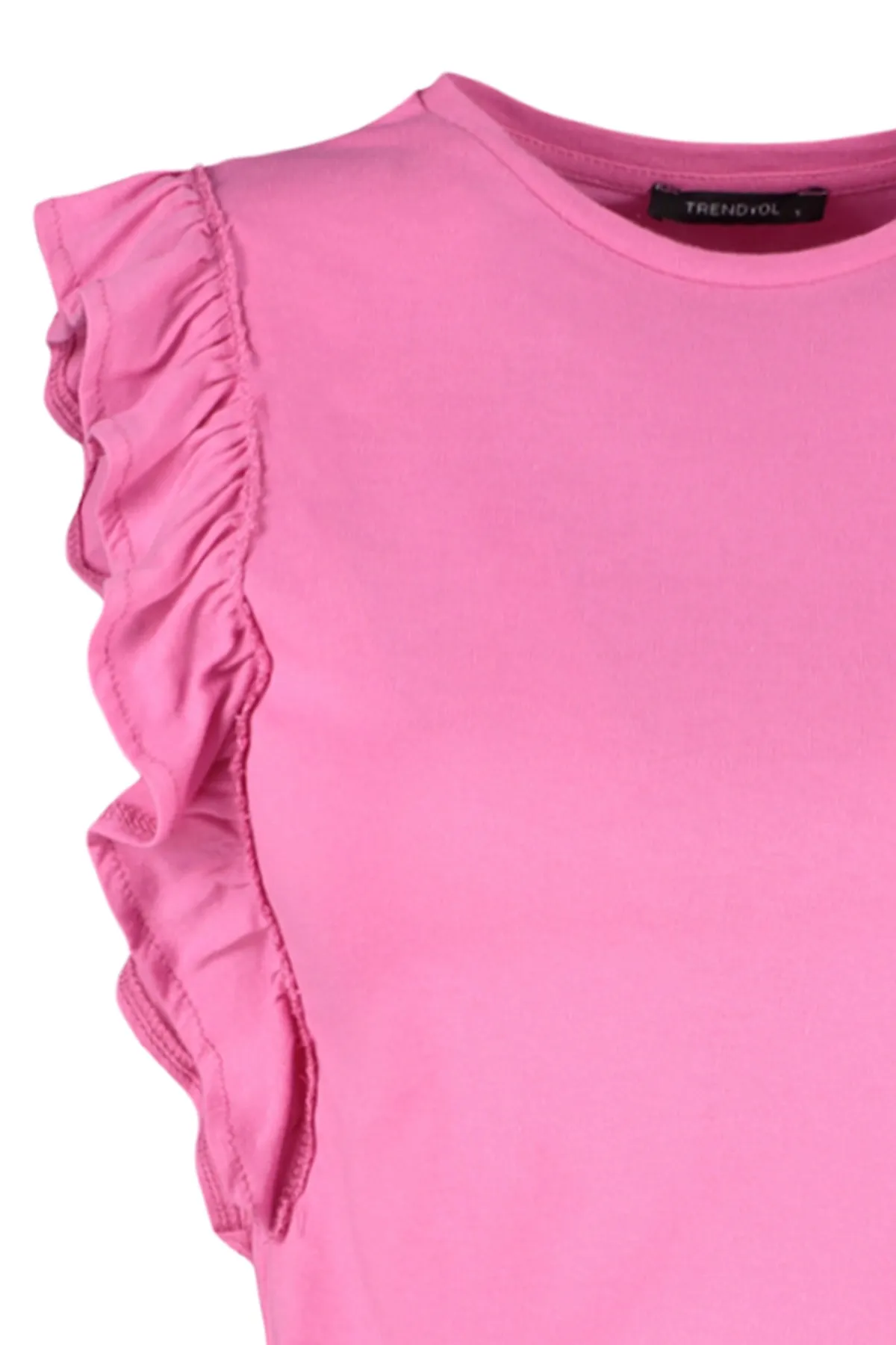 Trendyol Collection  Rosa Pyjama-Set aus T-Shirt und Shorts mit Rüschen, 100 % Baumwolle, THMSS23PT00175