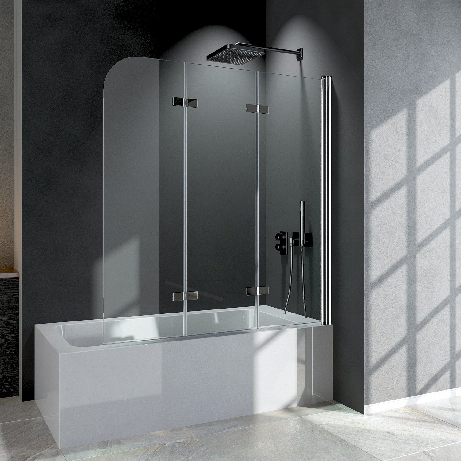 Boromal Badewannenfaltwand Badewannenaufsatz Badewannenfaltwand 3-teilig 180° Faltbare 120cm, 6mm Einscheibensicherheitsglas, Wasserabweisende beidseitiger Nanobeschichtung