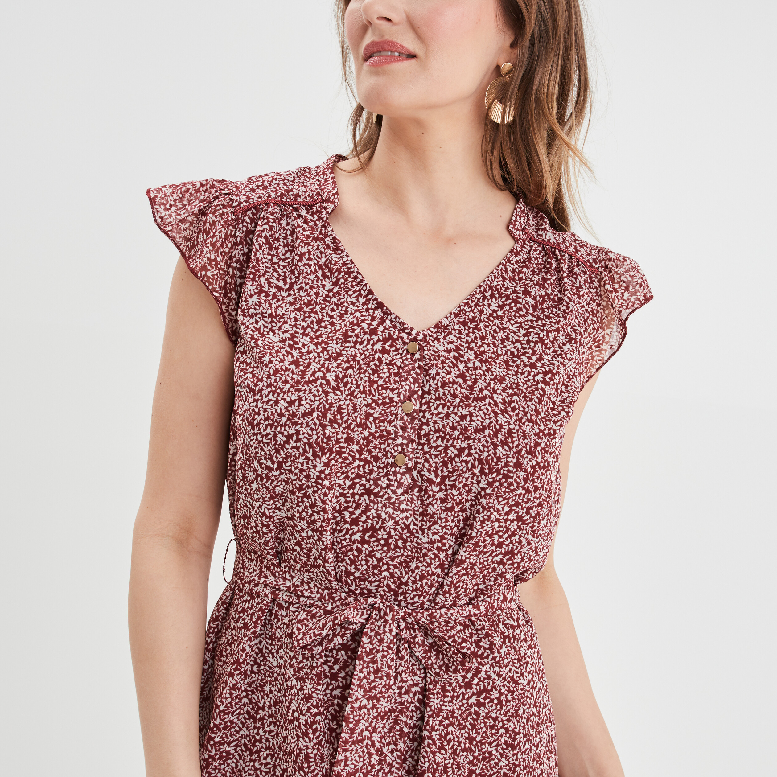 Robe plumetis droite ceinturée bordeaux femme | La Halle