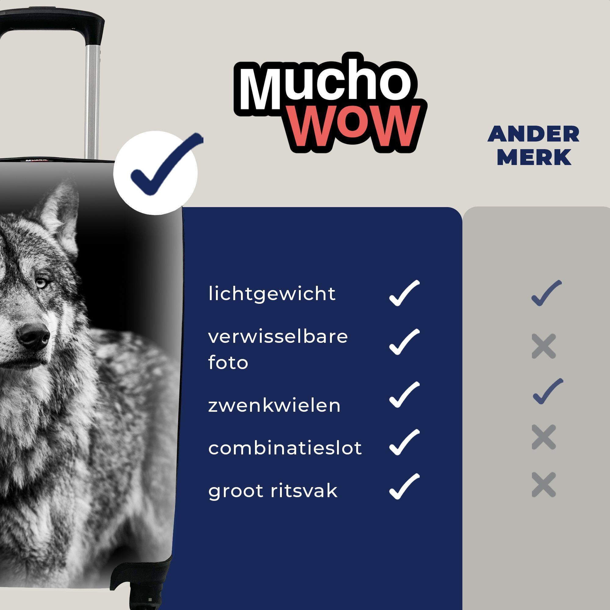 MuchoWow Handgepäckkoffer Wolf - Tiere - Wild - Schwarz - Weiß, 4 Rollen, Reisetasche mit rollen, Handgepäck für Ferien, Trolley, Reisekoffer