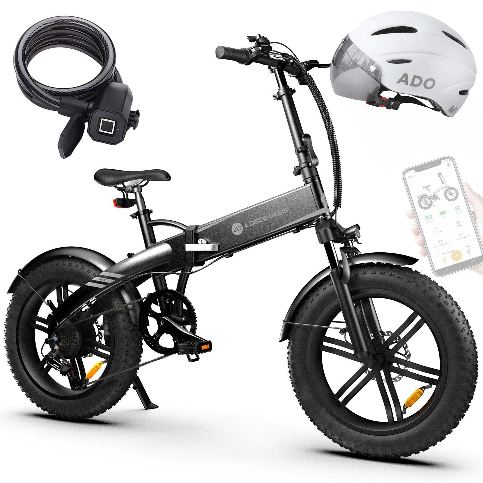 ADO E-Bike A20F Beast Fat Reifen, Pedelec klapprad, +Helm Fingerabdruck schloss, 7 Gang, Kettenschaltung, 522,00 Wh Akku, ebike Damen, herren, StVZO,akku 36v 14,5Ah,E-Mountainbike