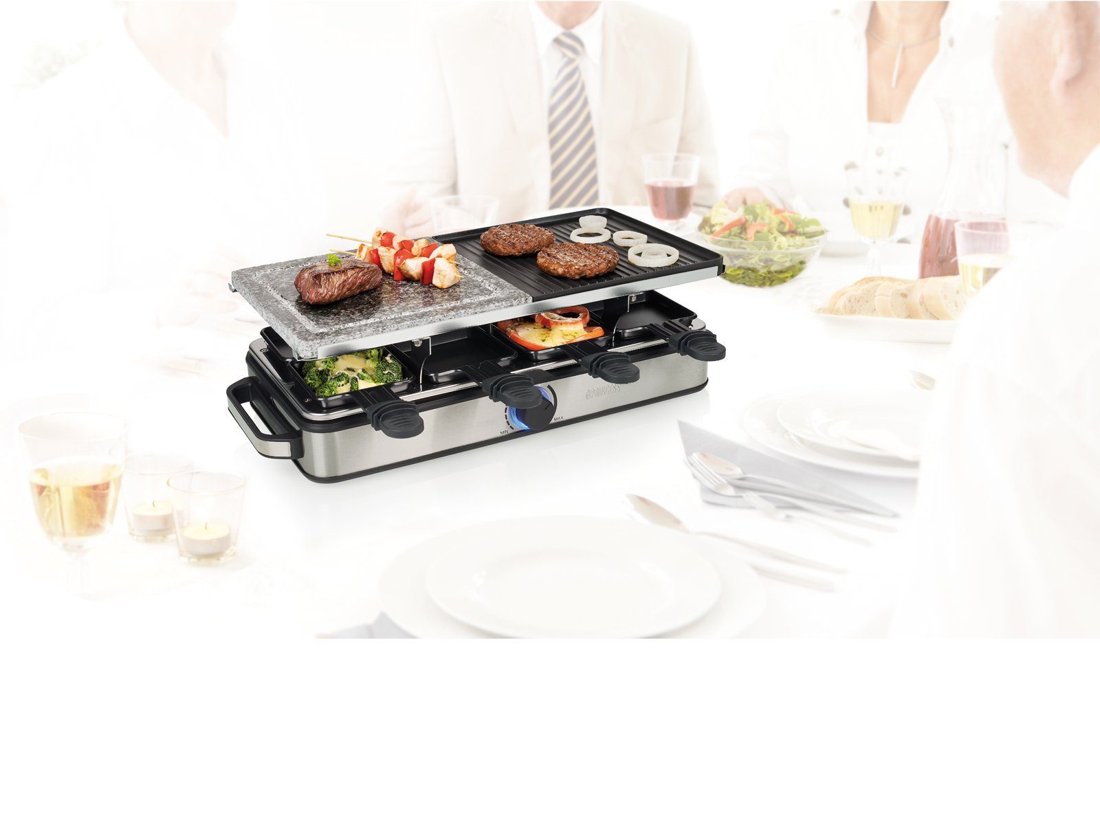 PRINCESS Raclette, 5in1 Gerät für 2-8 Personen Tischgrill Grill- & Steinplatte Steingrill
