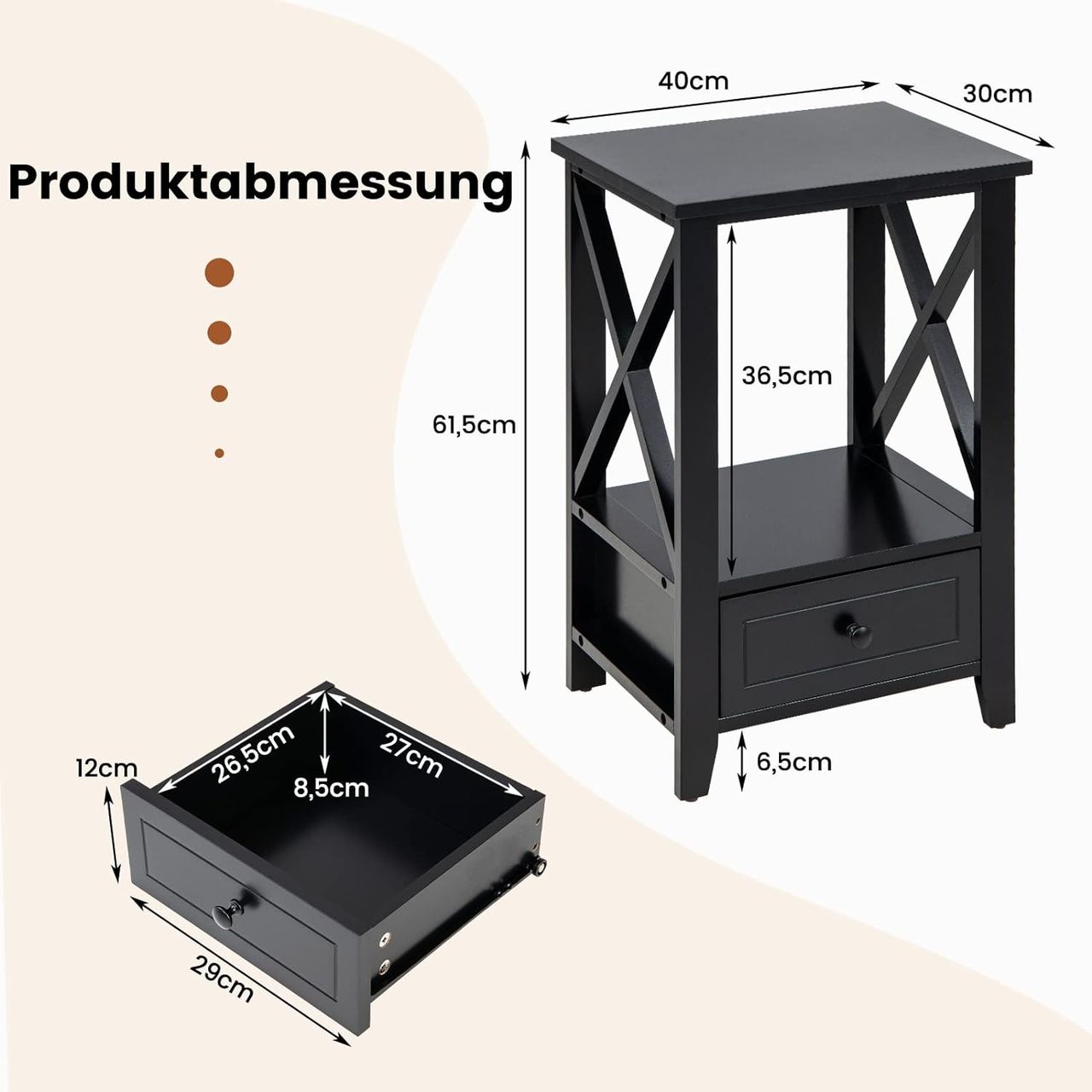 Costway 2 Ebenen Nachttisch mit Schublade, Beistelltisch Holz