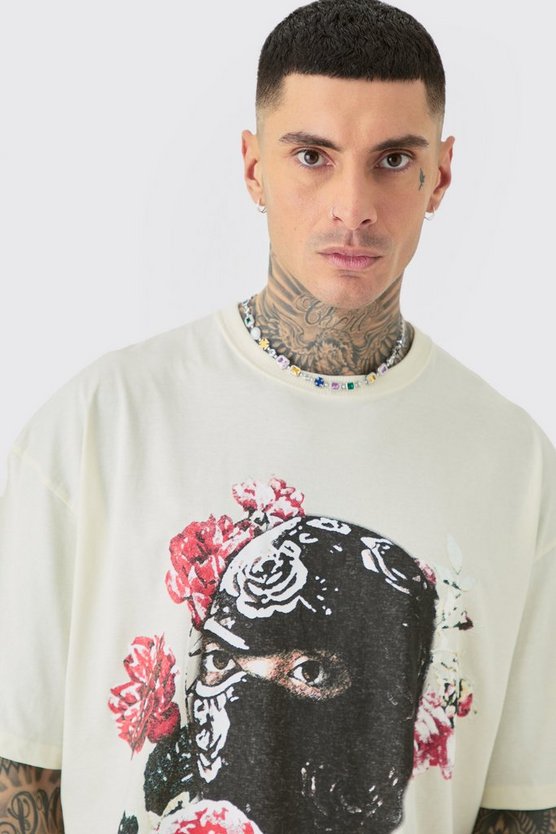 Tall florales Oversize T-Shirt mit Balaclava-Print