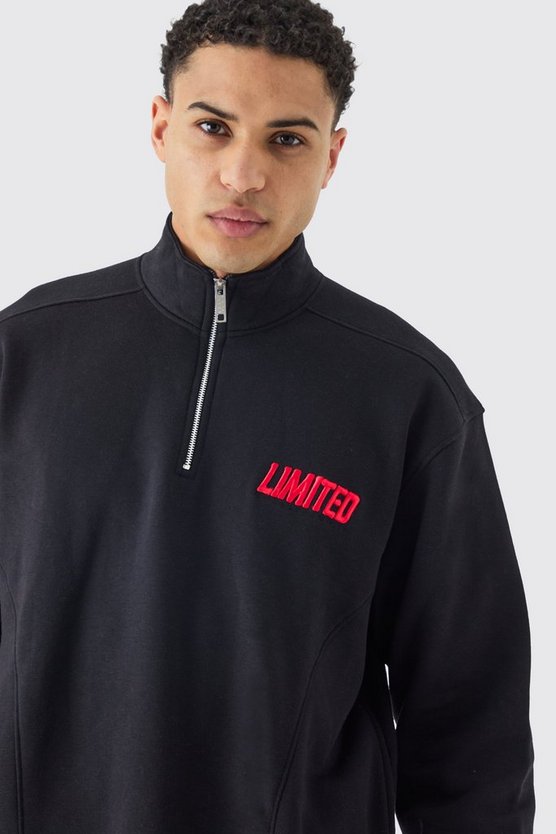 Kastiges Oversize Sweatshirt mit 1/4 Reißverschluss und 3D Stickerei