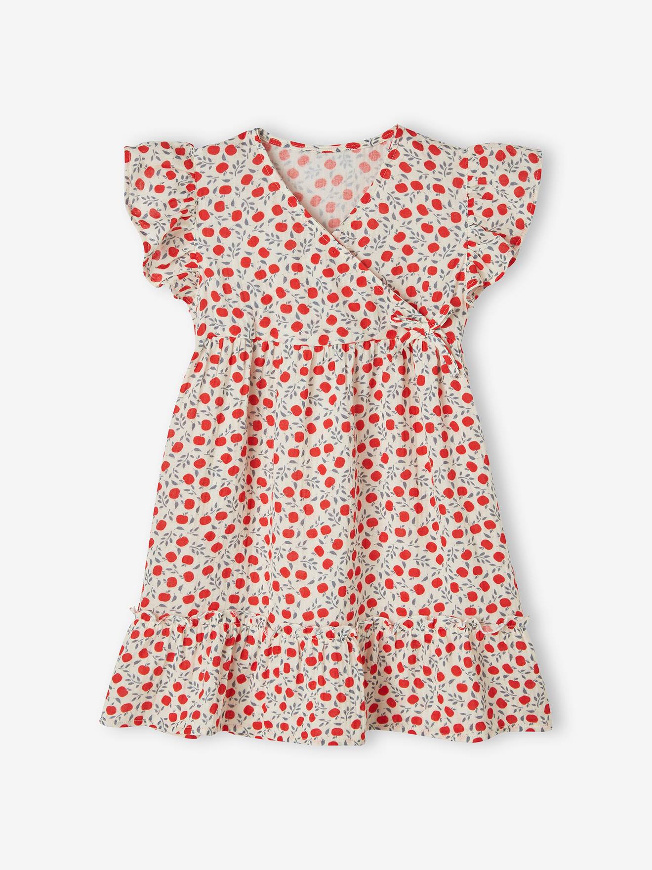 Robe en gaze de coton motifs pommes fille effet portefeuille écru