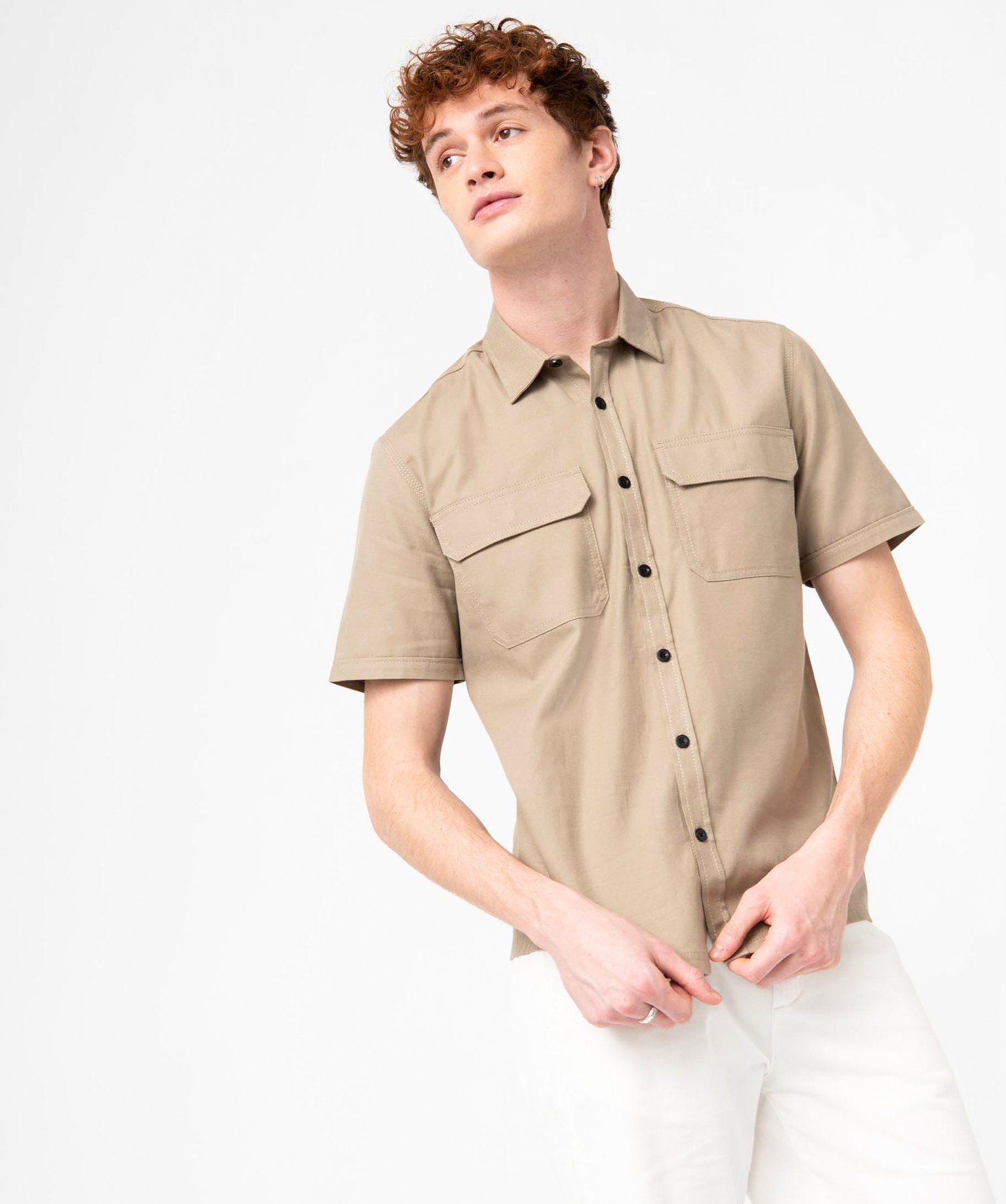 Chemise homme à manches courtes en twill de coton beige | GEMO