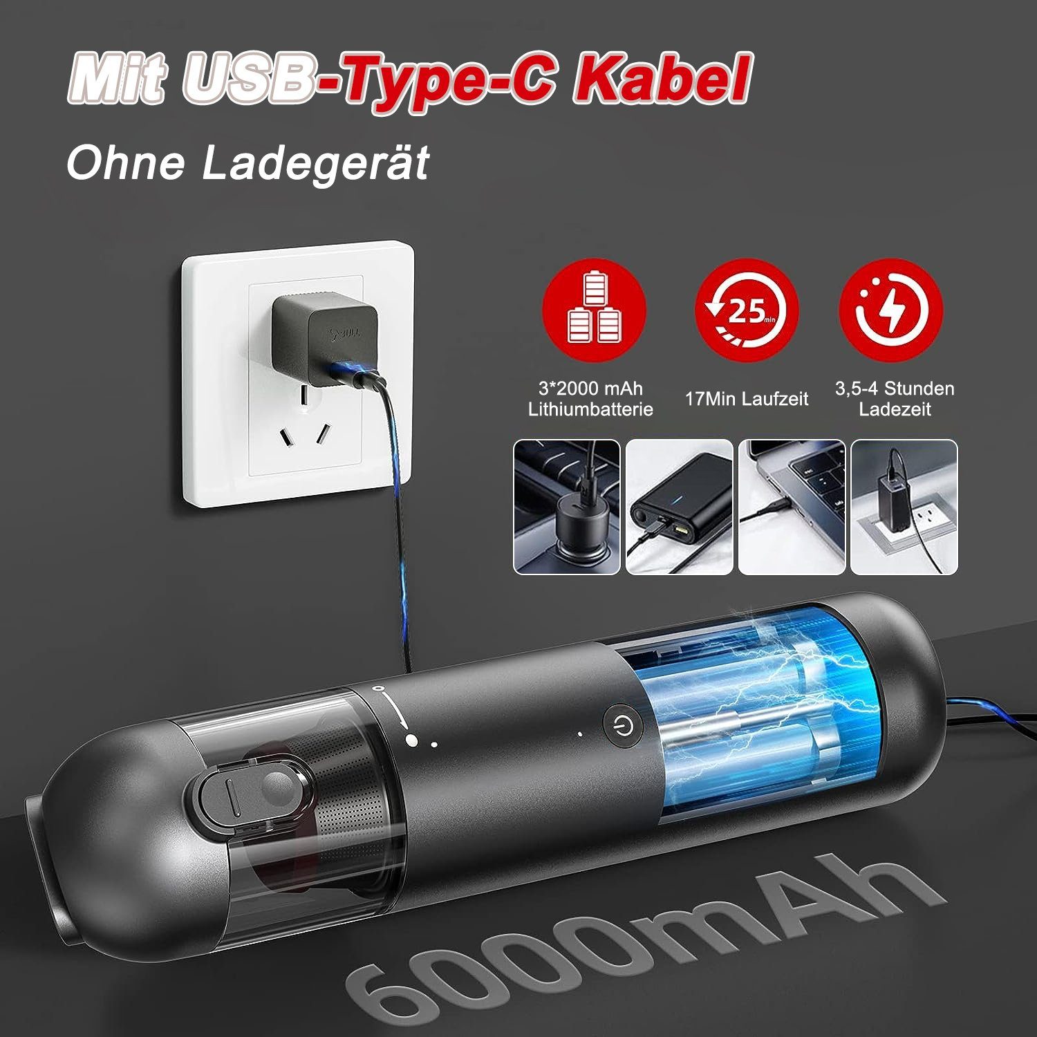 Kpaloft Akku-Handstaubsauger 6000Pa Kabelloser Autostaubsauger, Tragbarer Handsauger, 1500mAh Staubsauger, Nass & Trocken, für Tierhaare, Auto, Haus
