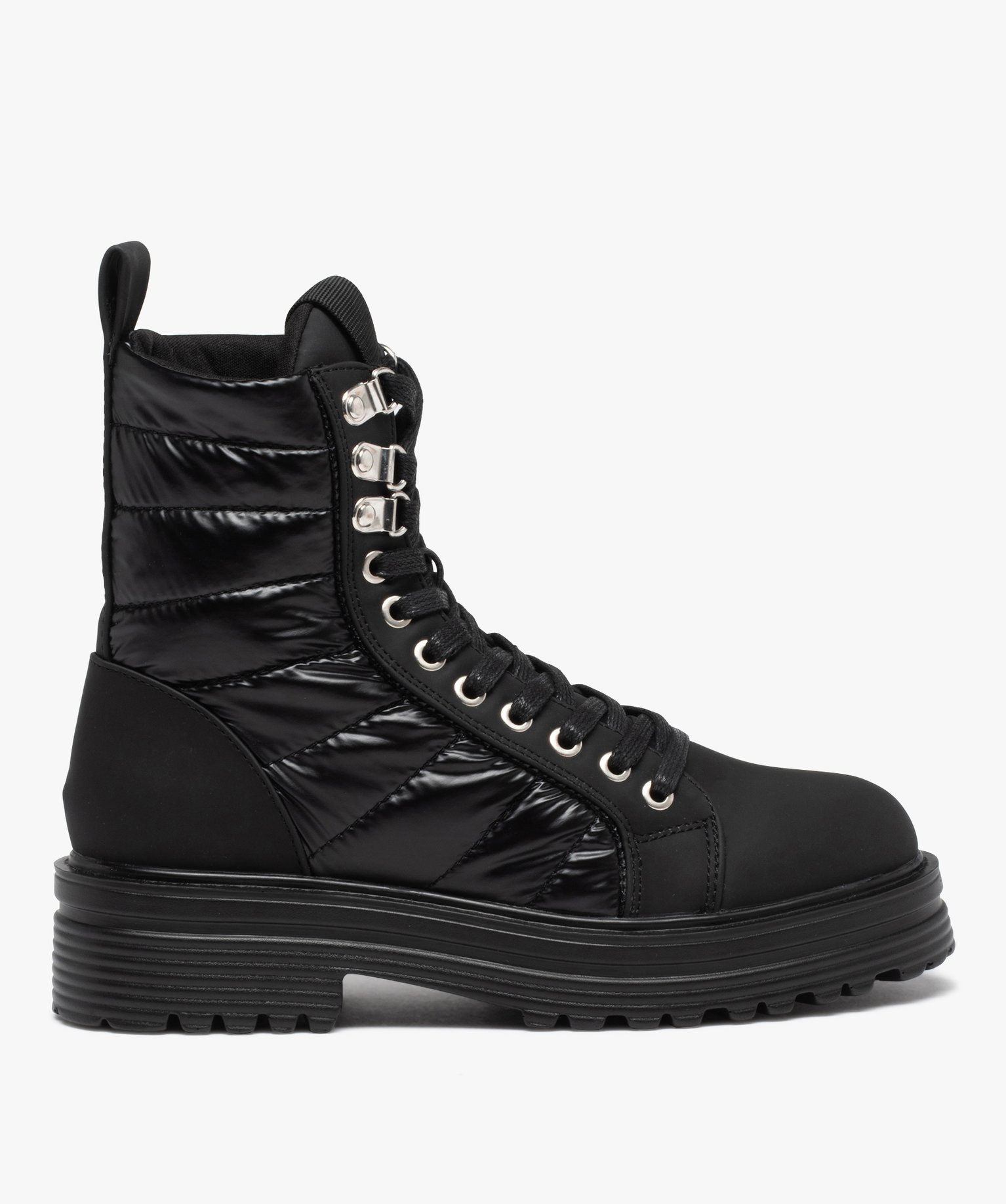 Bottines femme à lacets dessus textile matelassé noir | GEMO