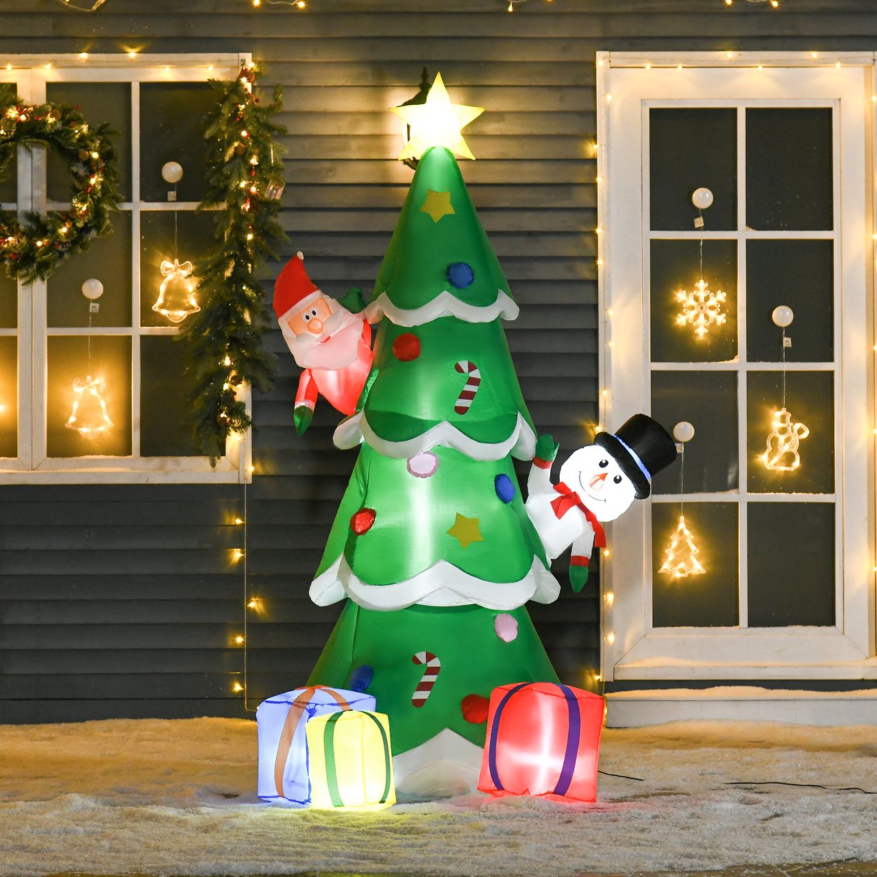 HOMCOM Aufblasbarer Weihnachtsbaum mit Weihnachtsmann Schneemann und Geschenkbox 210 cm Weihnachtsbeleuchtung LED Selbstaufblasend Polyester Grün 144 x 125 x 210 cm